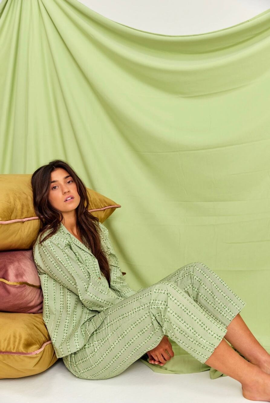Parterre Organic Cotton Pajama Set Ivy Stripe Green Button Up Pants Size S